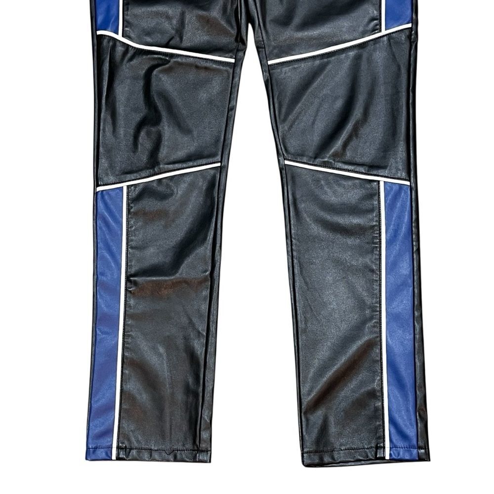 Missguided Black Blue Faux Leather Pants Color Block Goth Moto Edgy Leggings - Picture 6 of 14
